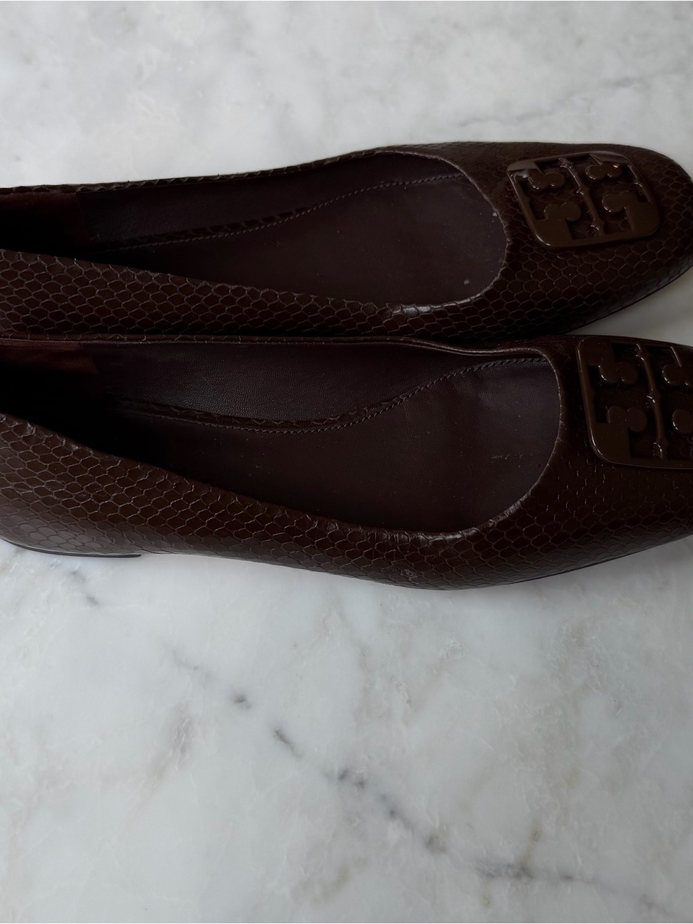 Tory Burch Chocolate Brown Embossed Leather Logo Flats
